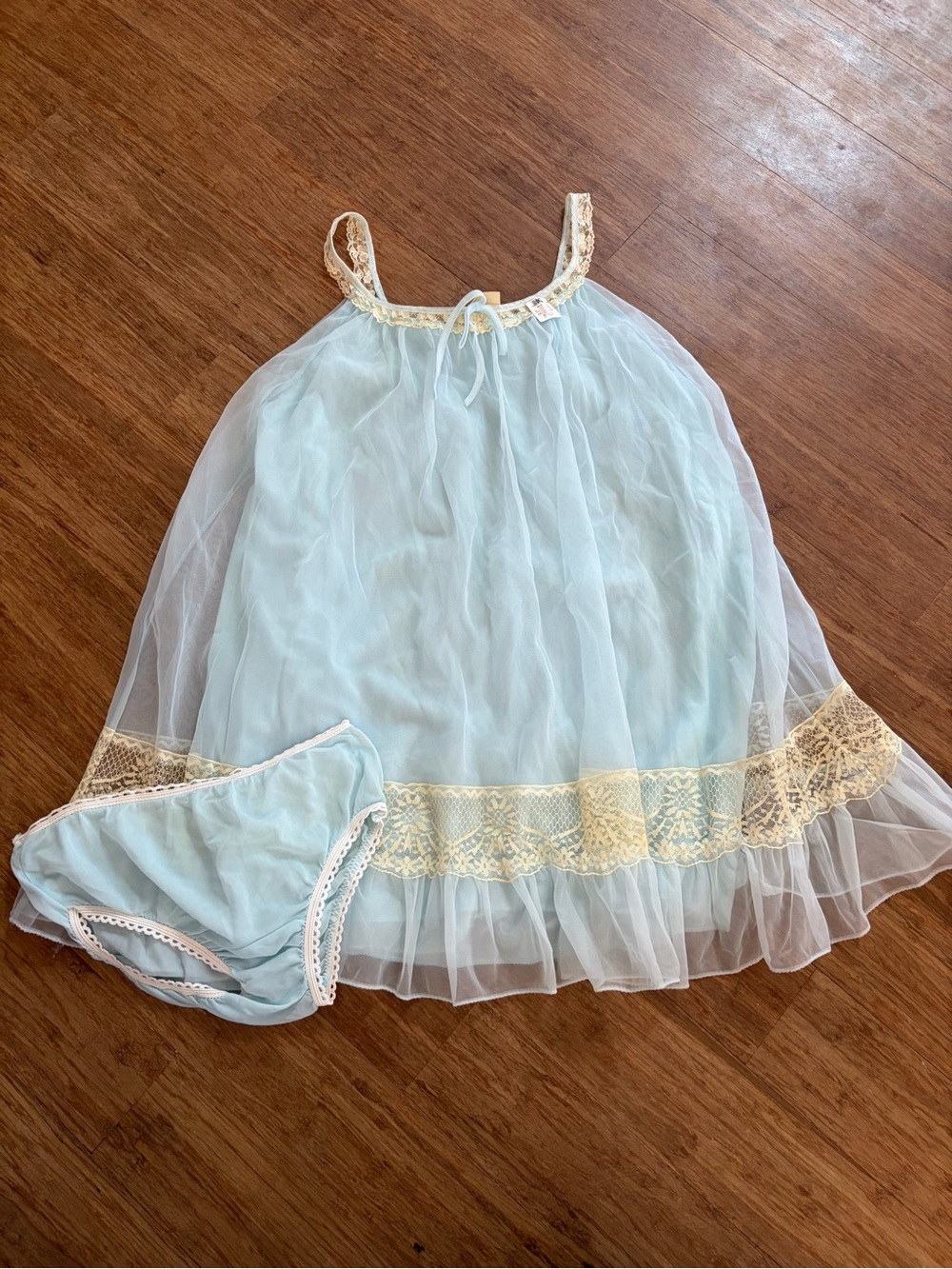 NWT Vintage Light Blue Babydoll Nightgown Set Lace Mesh Sheer Lingerie Small